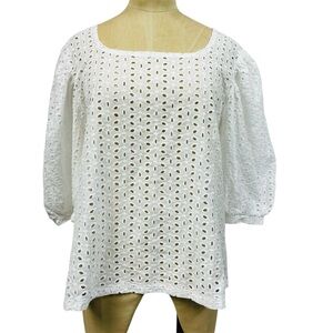 NWT Eyelet Top XL White Feminine Neutral Shirt Balloon Cotton Luna Rae Square